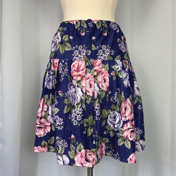 Vintage Pleated Skirt Womens Size 12 Navy Blue Rose Floral A Line Knee Length - Picture 6 of 14